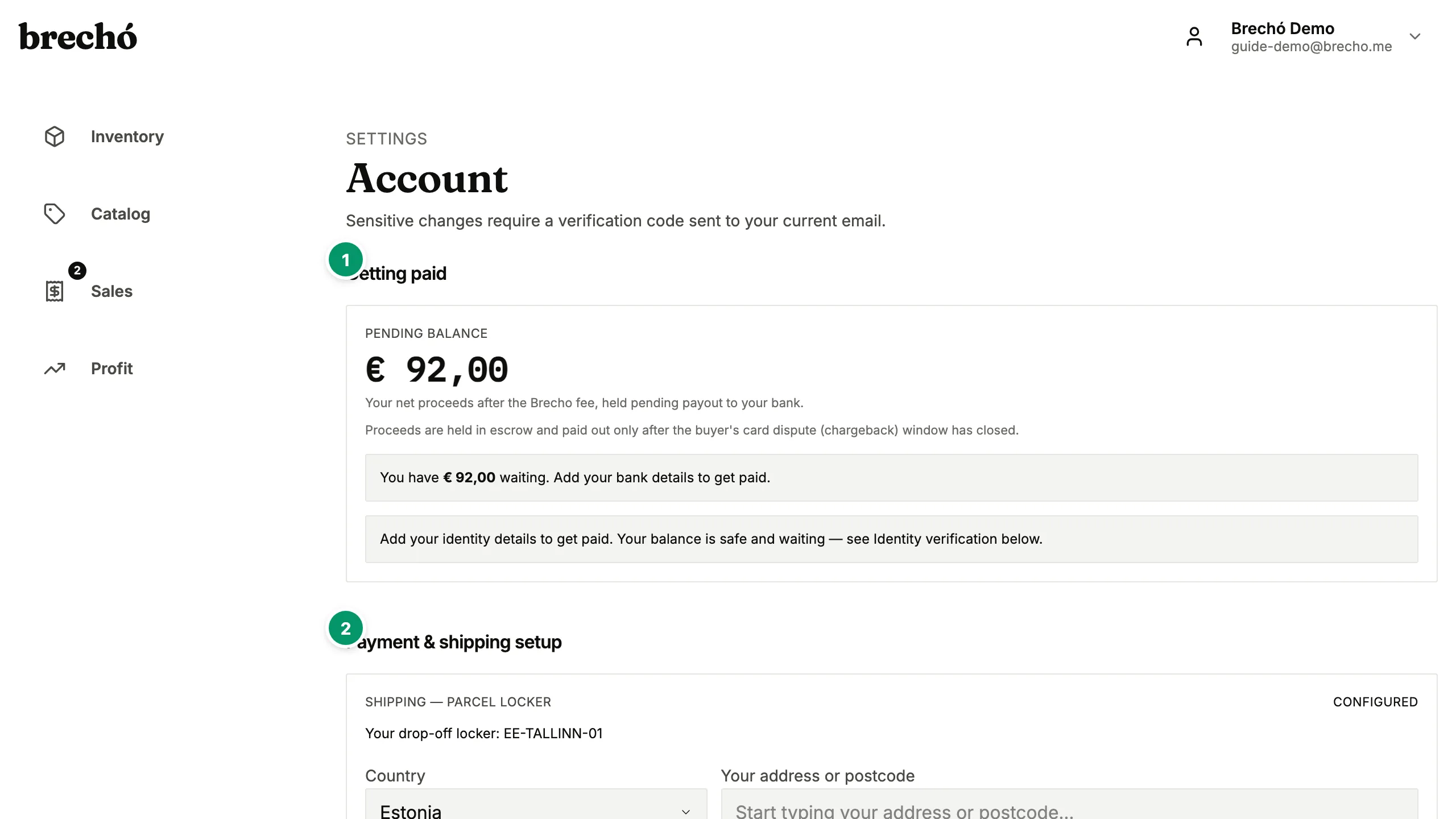 preloved.supply settings dashboard showing MercadoPago, Stripe, and Melhor Envio integrations for secondhand sellers